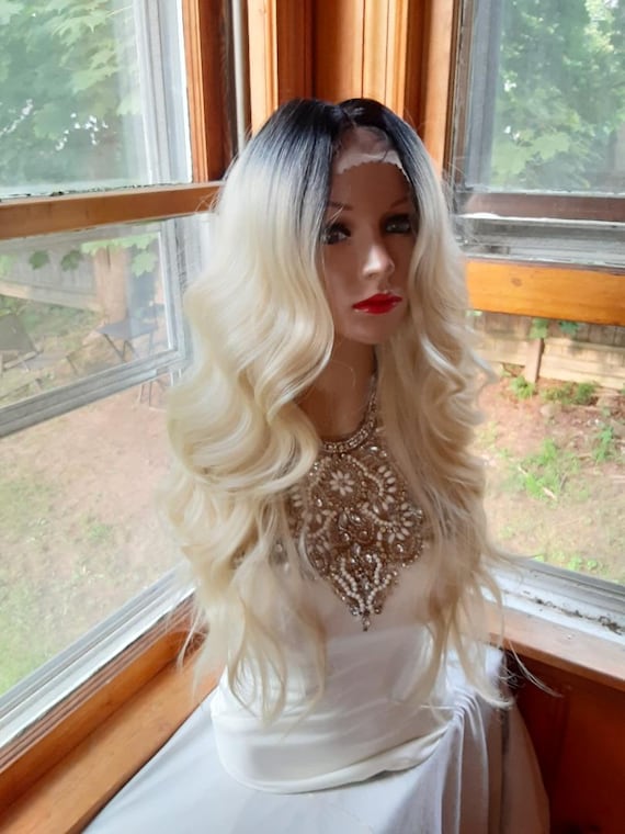 Blonde Human Hair Blend Lace Front Wig With Black Roots - Etsy display picture 2