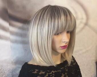 Blonde ombre  short wig with bangs 12'' human hair mixed with heat friendly fiber