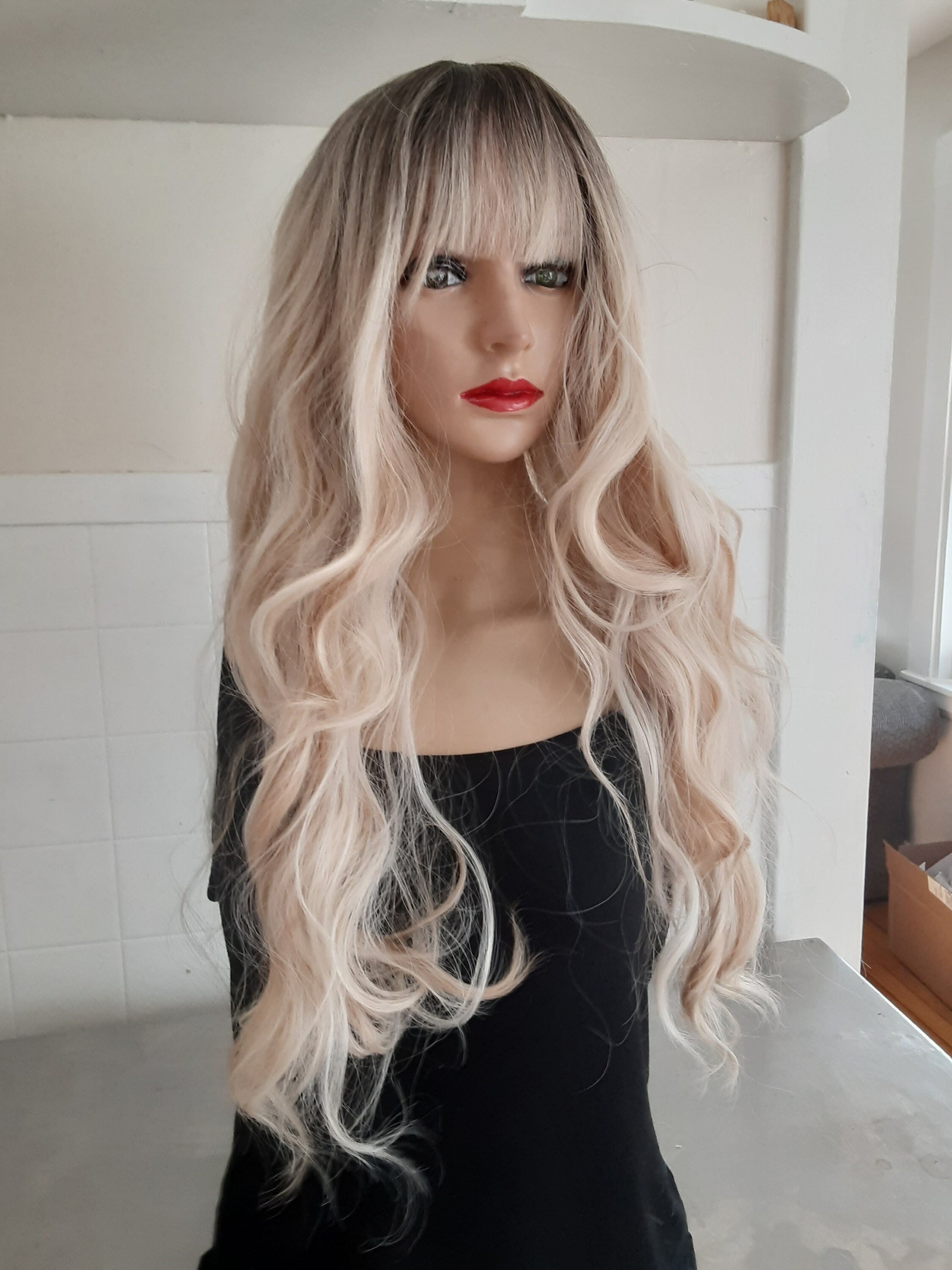 Ombre Blonde Wig With Bangs, Wavy Synthetic Hair, 25 Inch - Etsy
