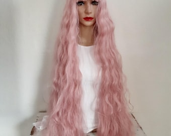 Pink cosplay wig with bangs straight 36'' wavy