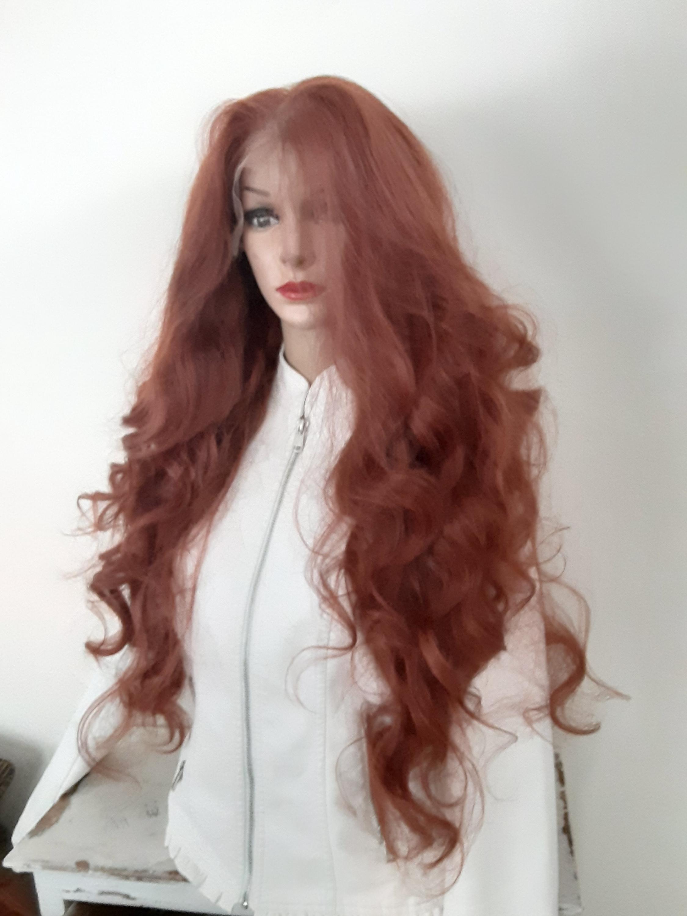 Copper Brown Lace Front Wig Human Hair Blend 28