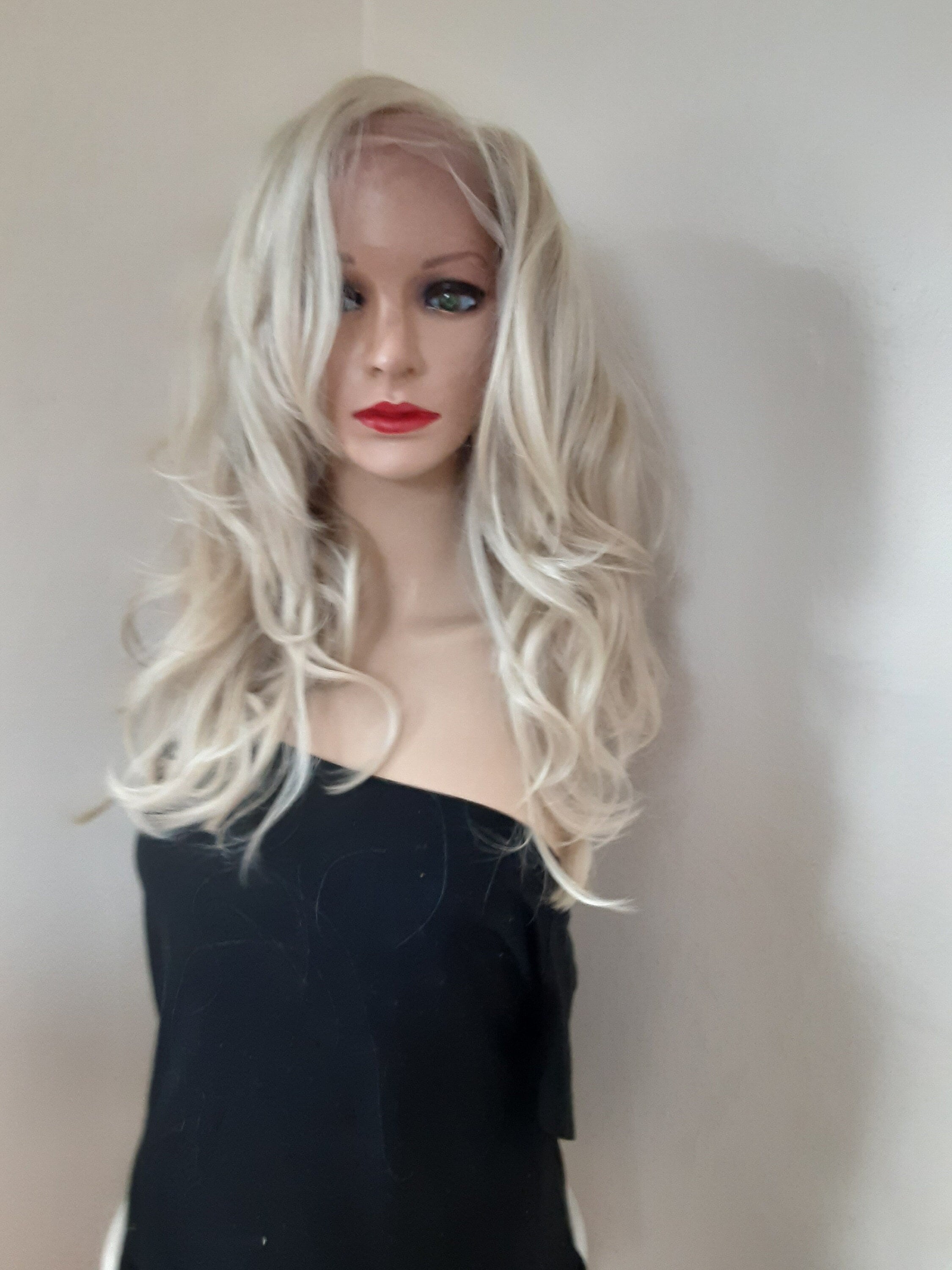 Light blonde lace front wig human hair blend curly side part 16''