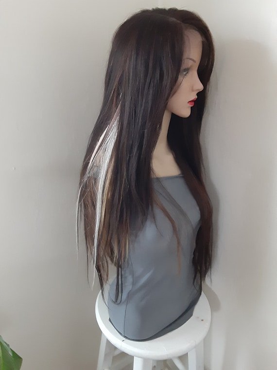 - Human hair blend dark brown wig Human Hair blend Full Wig Dark Brown Long Wavy Hairpiece  main image 4