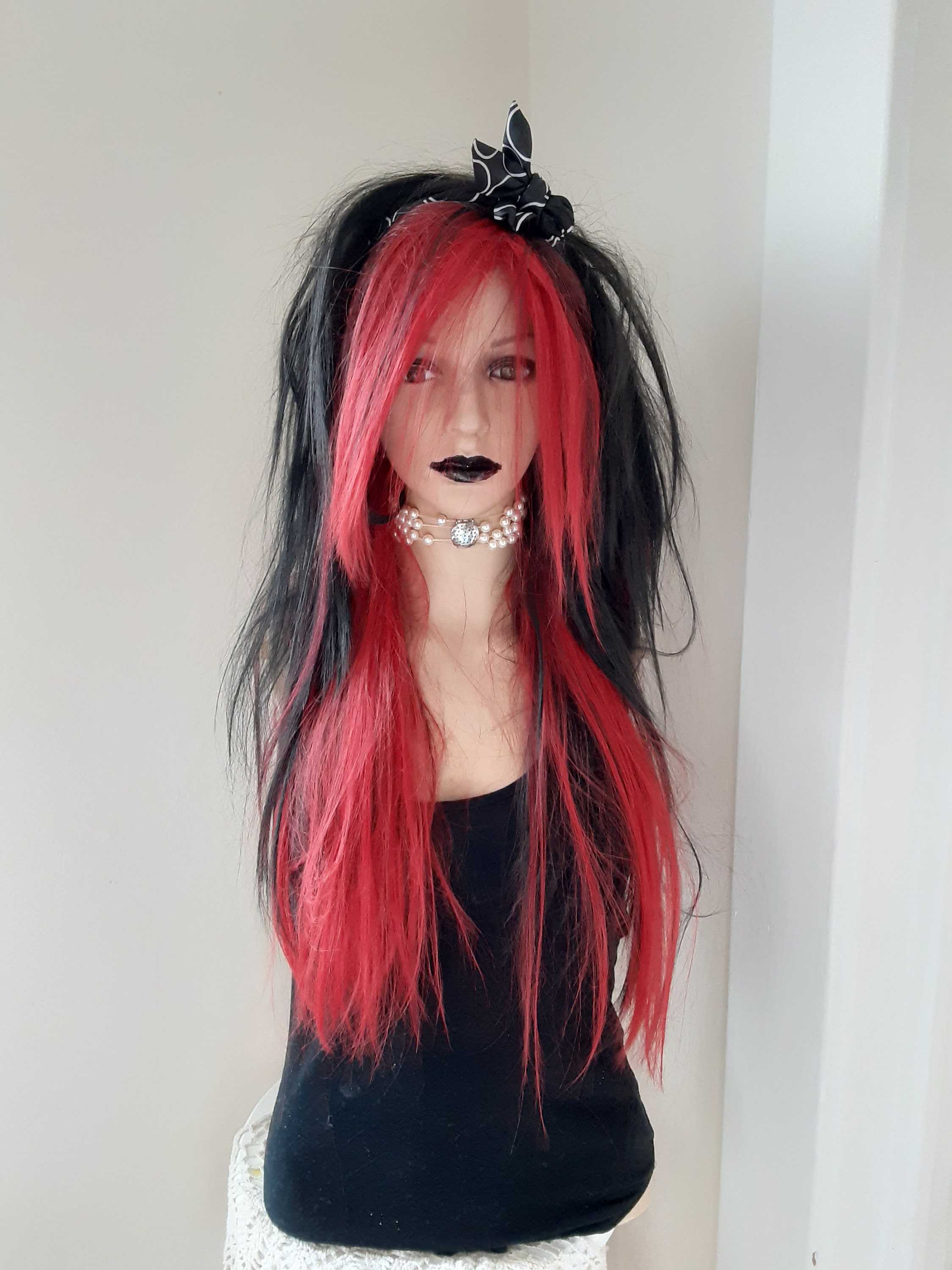 Black & Red Long EMO Wig Gothic, Wig Human Hair Mix - Etsy