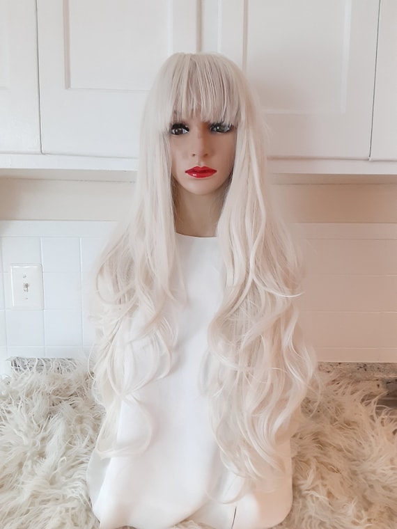 Platinum Blonde Lace Front Wig Human Hair Blend With Bangs  display picture 2