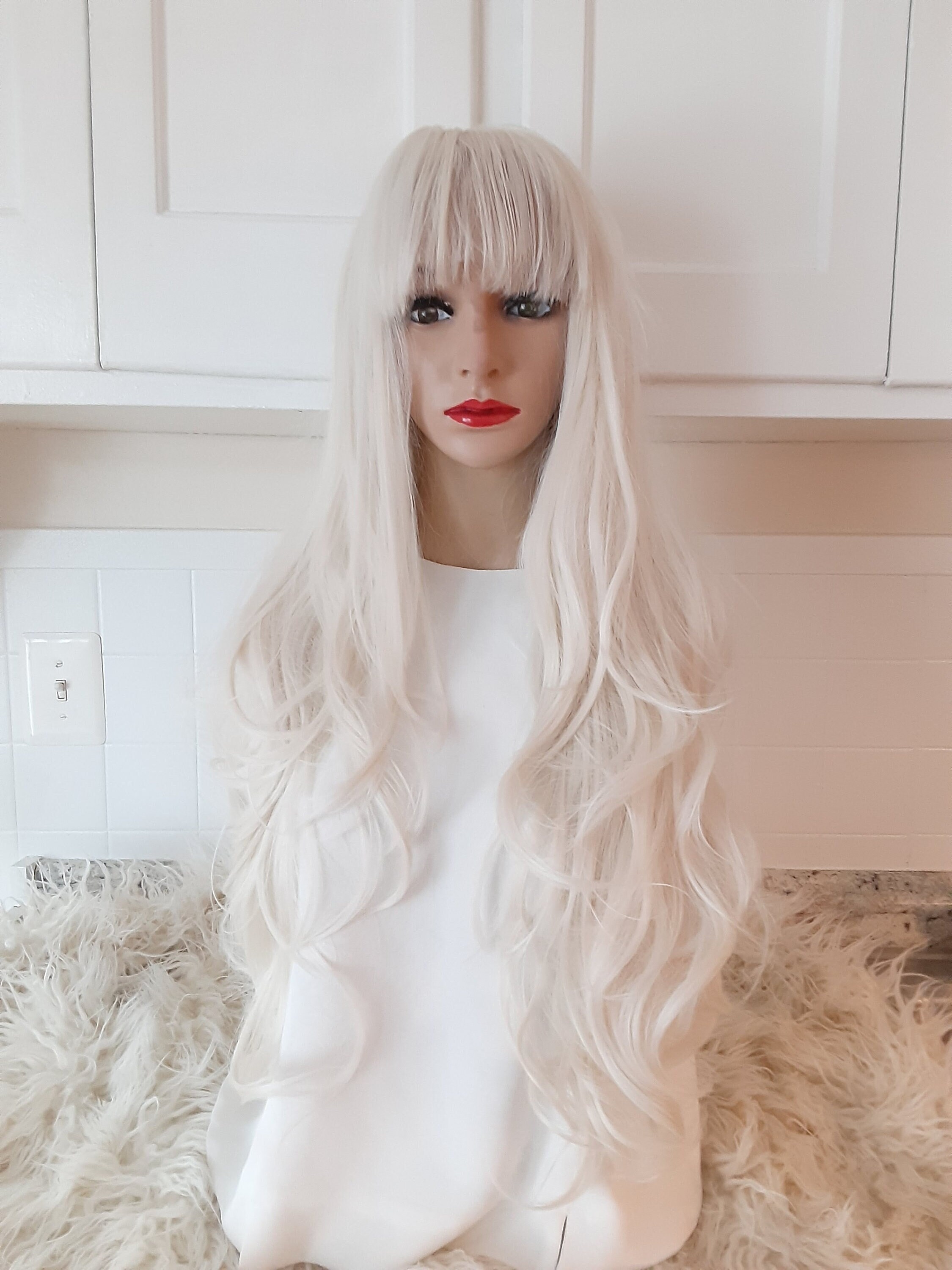 Platinum blonde human hair wigs with bangs deals