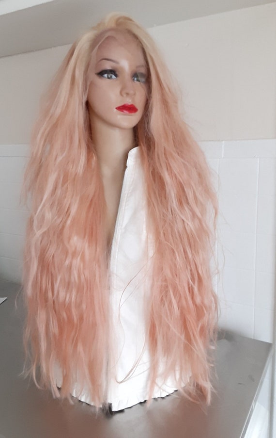 Peach Pink Lace Front Wig With Blonde Roots Wavy - Etsy display picture 3