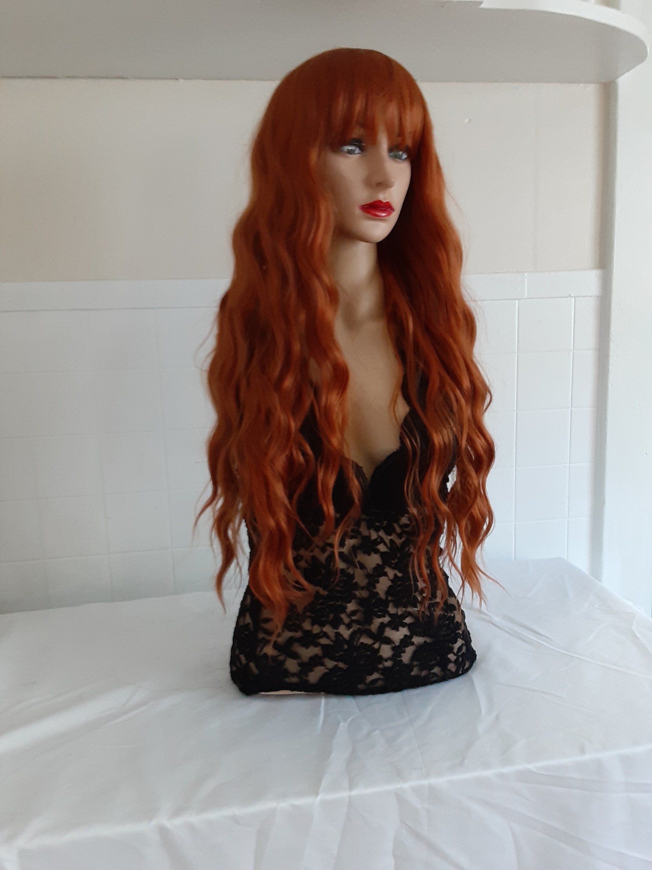 Copper with bangs wig  wavy  human hair blend
