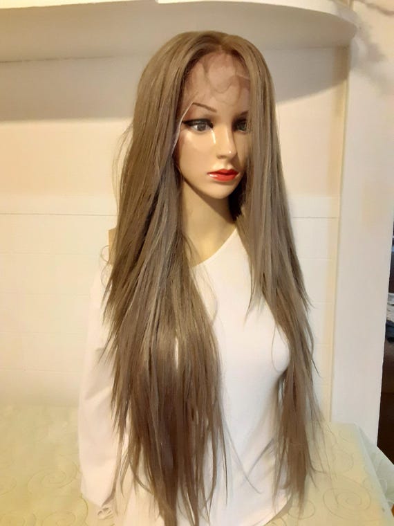 Wig Ash Brown Human Hair Blend Free Part Pre Plucked - Etsy  display picture 1