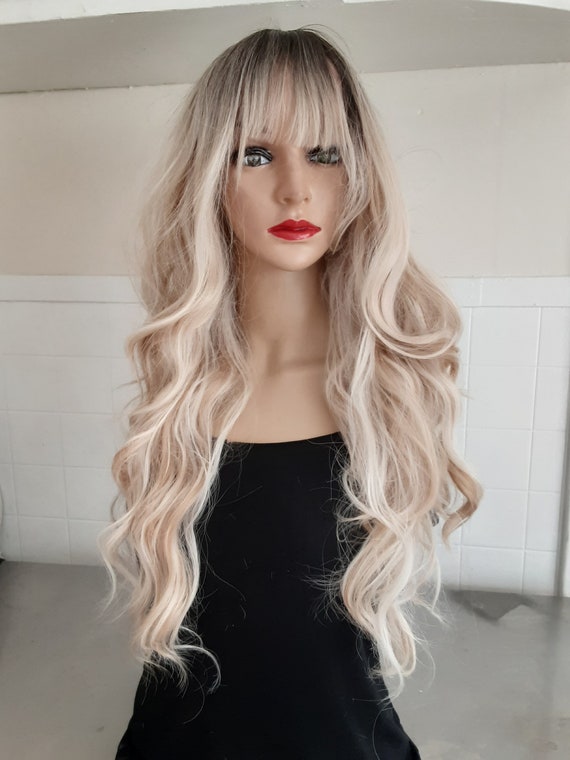 Ombre Blonde Wig With Bangs, Wavy Synthetic Hair, 25 Inch - Etsy display picture 2