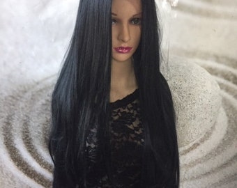 Long sleek black  lace front wig human hair blend