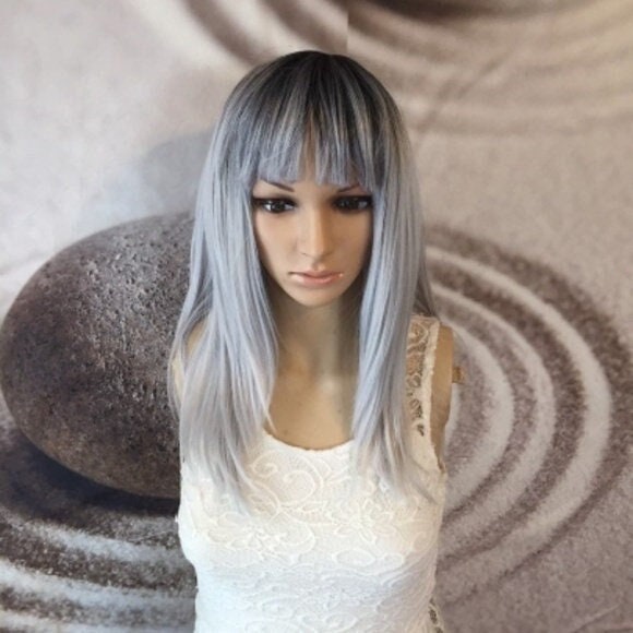 Ombre dark roots to gray blonde wig with bangs Blonde Blonde Synthetic blonde wig with Bangs - Long main image 4