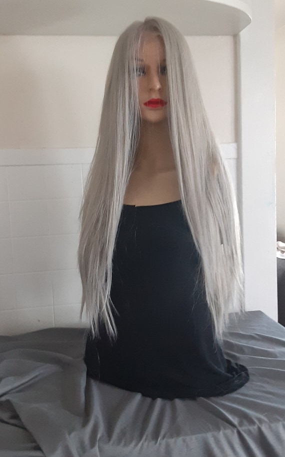Ash Blonde Lace Front Wig Straight Layered Human Hair Blend  display picture 1