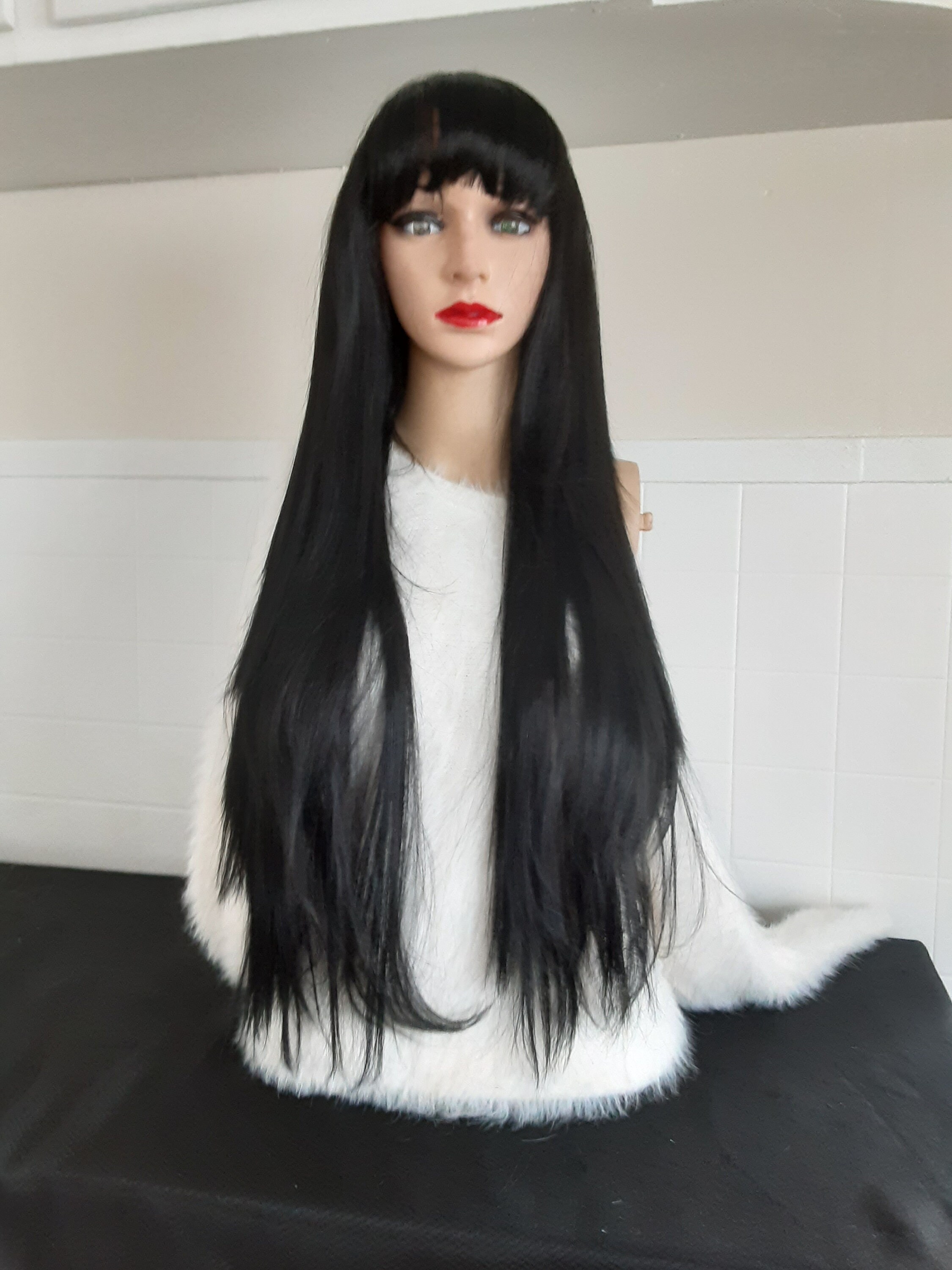 Black Wig With Bangs Human Hair Blend Etsy Canada