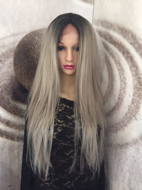 Gray Ash Blonde Lace Front Wig With Black Roots - Etsy display picture 1