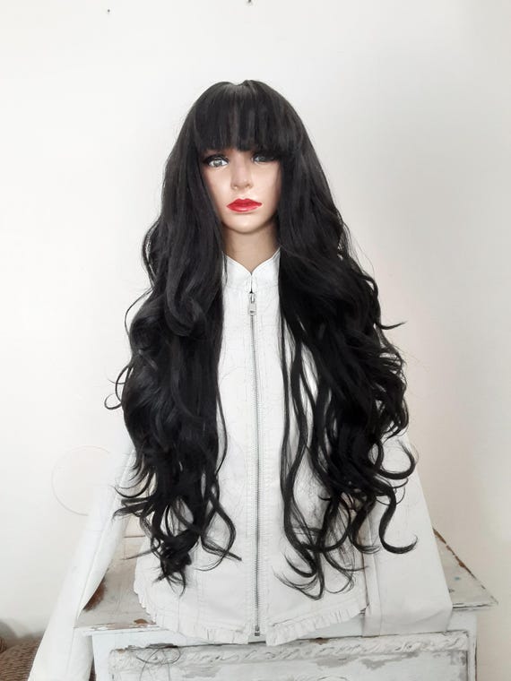 Human Hair Blend Curly Black Wig With Bangs - Etsy Israel display picture 1