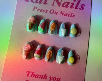 Sweet Summer Treat: Ice Cream and Fruit Pop Press on Nails