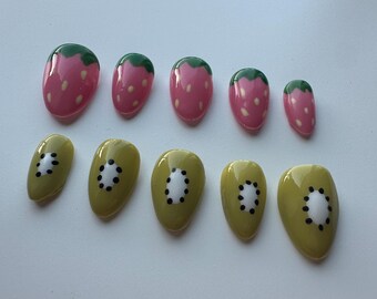 Strawberry and kiwi press on nails short alomond pink green
