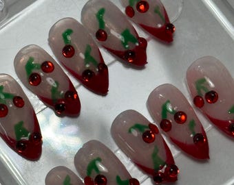 Red French tips with gem cherry press on nails