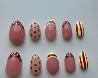 Polka dot and Stripes press on nails pink yellow and brown short almond