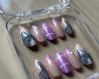Grey cat with purple pattern and purple French tips press on nails  Medium almond