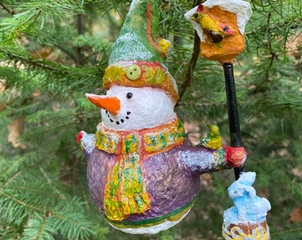 Snowman figurine in a purple coat, Christmas tree toy, home decoration, handmade ooak, paper mache; Wonderful gift