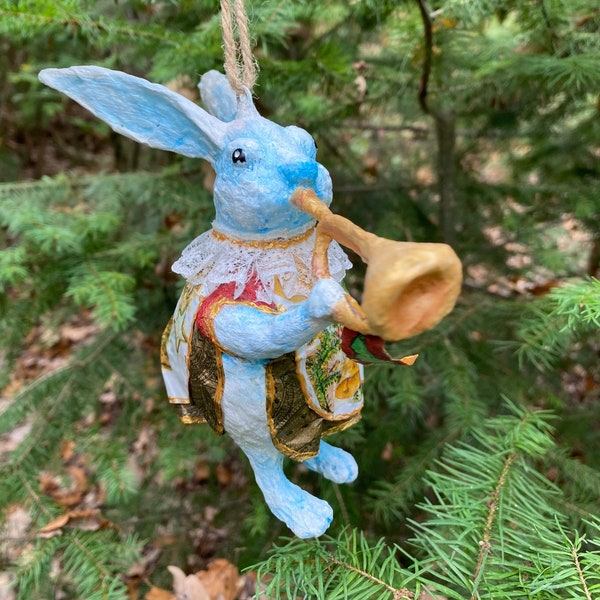 White Rabbit playing musical trumpet; Alice in  Wonderland; Vintage Style; Christmas tree ornaments; fairy tale art