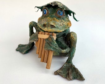 Frog-musician - paper mache animal figurine playing on a pan flute; wonderful handmade gift for frog lovers or musicians