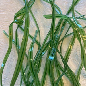 May include: Close-up of several long, curved, green glass ribbons with darker green stripes. The ribbons are arranged in a tangled, flowing pattern, creating a sense of movement and organic form. The glass reflects light, adding highlights.