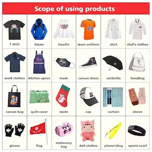 May include: A grid of various products with labels, including a T-shirt, blazer, hoodie, team uniform, shirt, chef's clothes, work clothes, kitchen apron, mask, canvas shoes, umbrella, handbag, canvas bag, quilt cover, socks, cap, curtain, sleeve, gloves, flag, stationery bag, doll clothes, phone sling, and sports scarf.