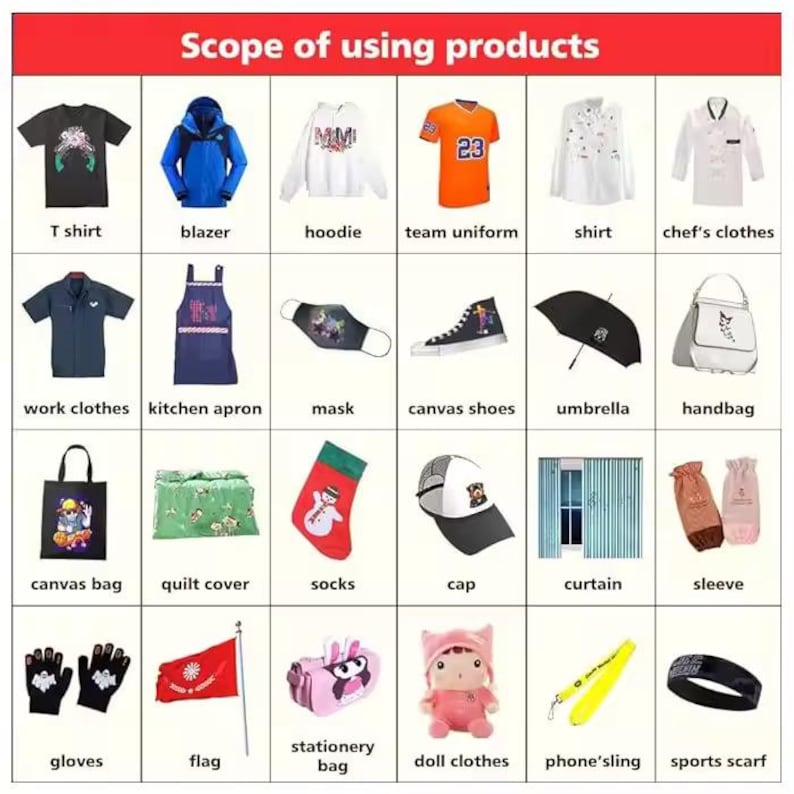 May include: A grid of various products with labels, including a T-shirt, blazer, hoodie, team uniform, shirt, chef's clothes, work clothes, kitchen apron, mask, canvas shoes, umbrella, handbag, canvas bag, quilt cover, socks, cap, curtain, sleeve, gloves, flag, stationery bag, doll clothes, phone sling, and sports scarf.