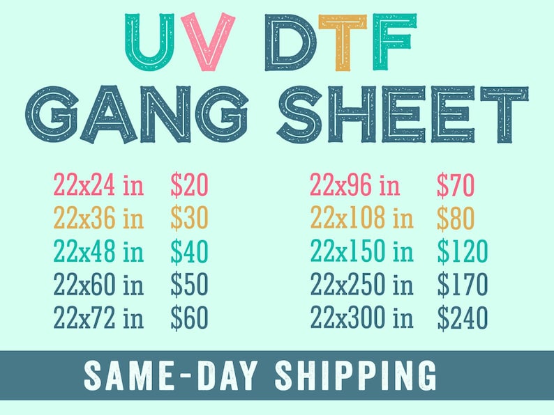 May include: A teal background with the words "UV DTF GANG SHEET" in large, colorful letters. Below, various sizes are listed, such as 22x24 inches, 22x36 inches, and 22x48 inches. The text "SAME-DAY SHIPPING" is at the bottom.