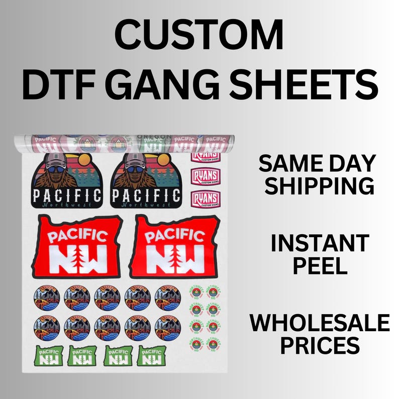 May include: A sheet of custom DTF transfer designs featuring a variety of logos and graphics. The designs include a bear, a mountain range, a state outline, and a circular design. The text "PACIFIC NW" is featured on several of the designs.