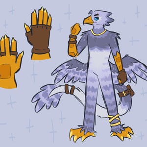Puede incluir: Ilustración de un personaje con forma de pájaro con cuerpo azul y blanco, garras amarillas y pico amarillo. El personaje lleva guantes y brazaletes marrones, y un collar y tobilleras doradas. Se muestran dos juegos de guantes por separado.