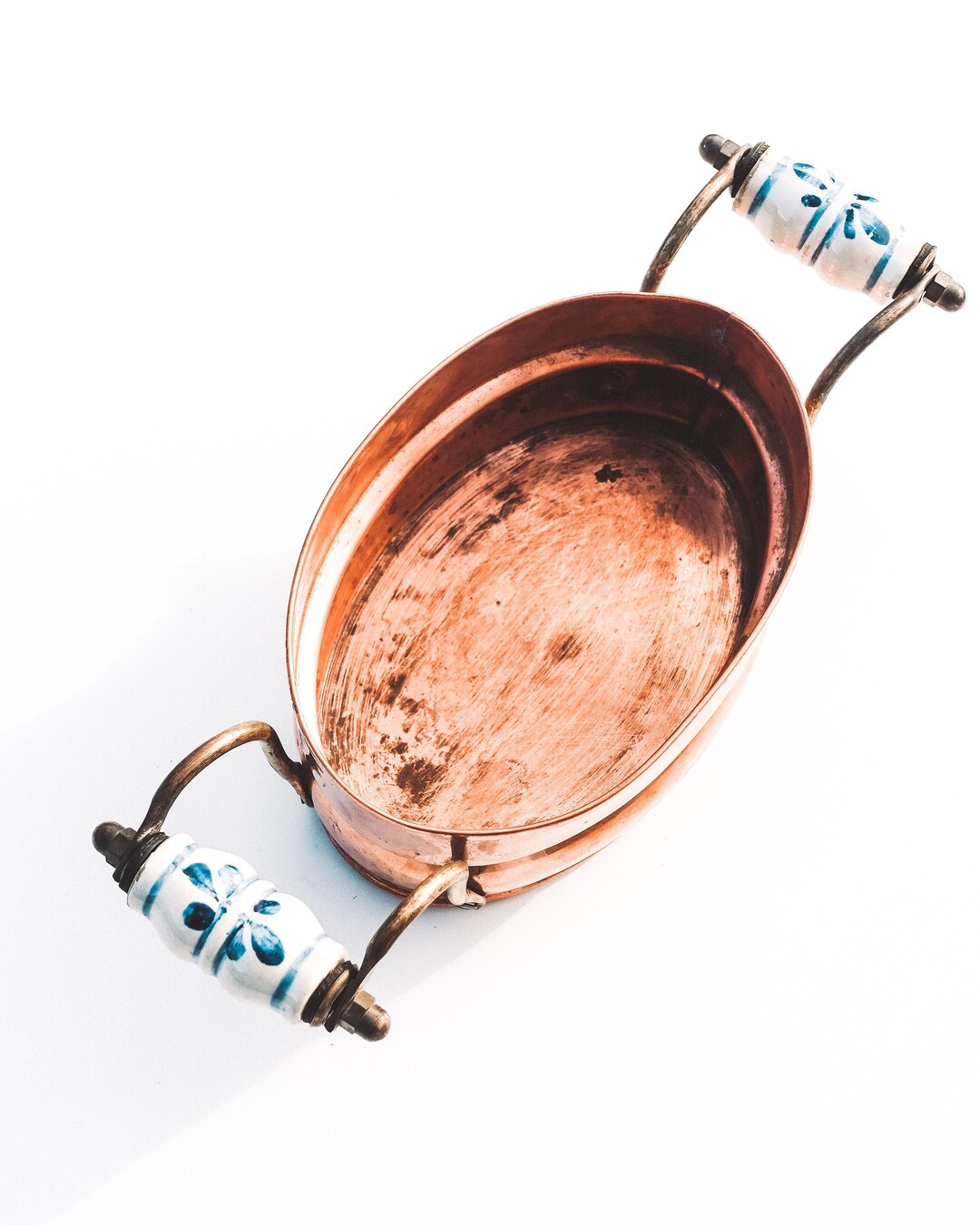 VINTAGE COPPER TIN Dish With Painted Ceramic Handles Etsy