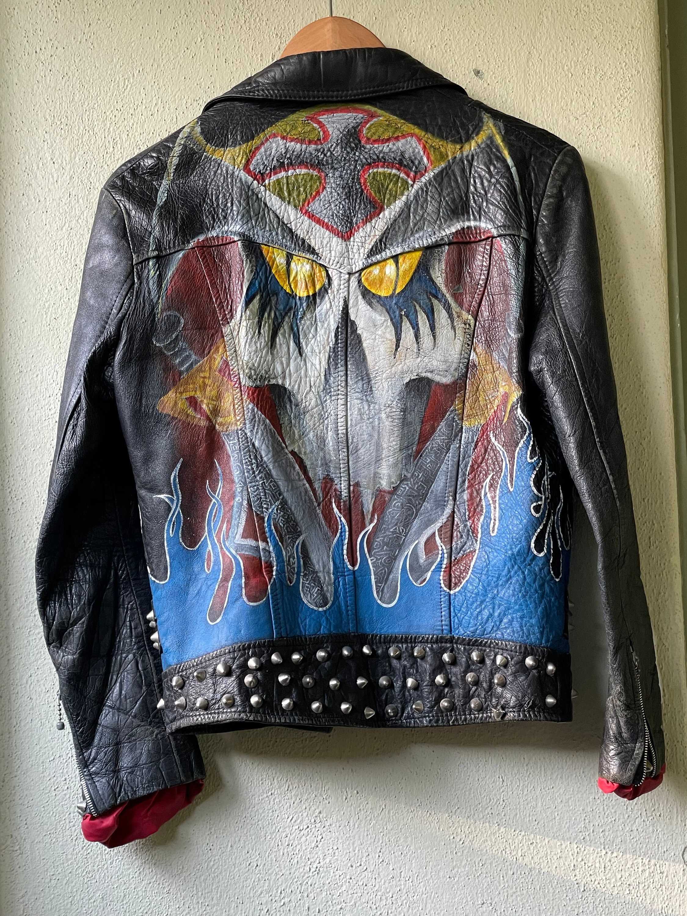 ジャケット・アウター vintage hand paint leather poncho Upcycled Frida Handmade Vintage Leather Poncho” Hand Painted