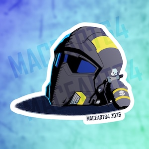 May include: A sticker featuring a stylized illustration of a futuristic helmet. The helmet is primarily gray with yellow and black accents, including a chevron design and a skull emblem. The text "MACEART64 2026" is printed at the bottom.
