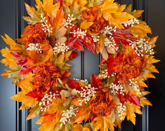 Fall Maple Leaf Wreath for Front Door, Vibrant Autumn Foliage Thanksgiving Decoration