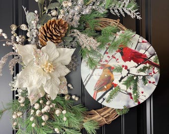 White Poinsettia Cardinal Wreath, Winter Door Hanger, Farmhouse Holiday Decor