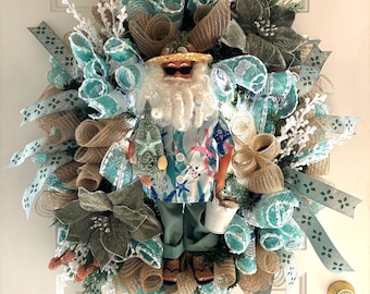 Coastal Santa Christmas Wreath, Beach Nautical Holiday Decor, Teal Door Hanger