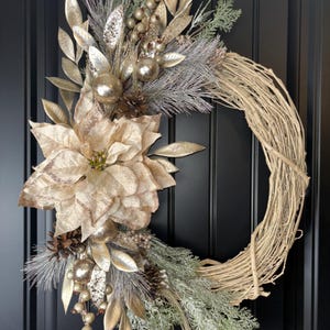 Cream Gold Poinsettia Wreath, Elegant Christmas Door Hanger, Champagne Accents