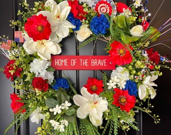 Red White Blue Patriotic Wreath, Americana Front Door Decor, Fourth of July Summer Hanger