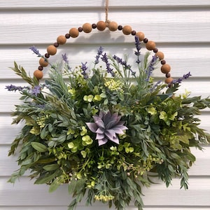 Eucalyptus Hoop Wreath, Greenery Wreath, Front Door Wreath, Spring Wreath, Wedding Wreath, Wood Beaded Wreath, Lavender Hoop Wreath
