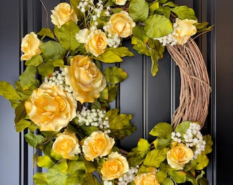 Yellow Rose Wreath, Spring Summer Door Decor, Grapevine Base, Elegant Accent