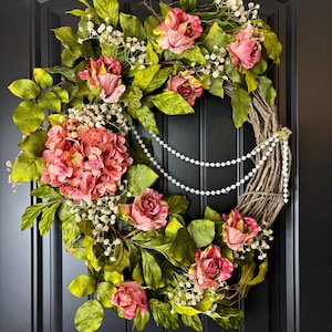 Mauve Roses Hydrangeas Wreath, Victorian Romantic Door Decor, Pearl Accents, 22" Grapevine Base image 1