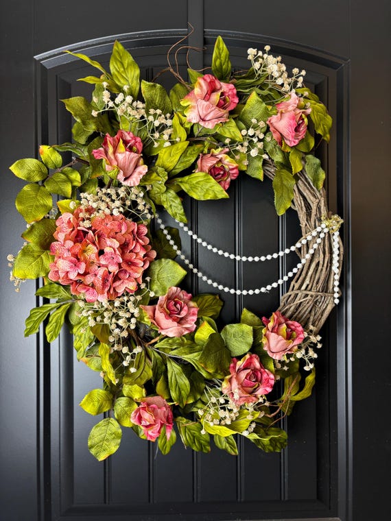 Mauve Roses Hydrangeas Wreath, Victorian Romantic Door Decor, Pearl Accents, 22" Grapevine Base