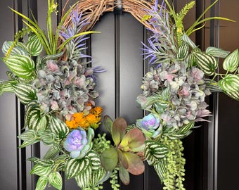 Faux Succulent Wreath, Boho Grapevine Door Decor, Farmhouse Greenery (19 inch)