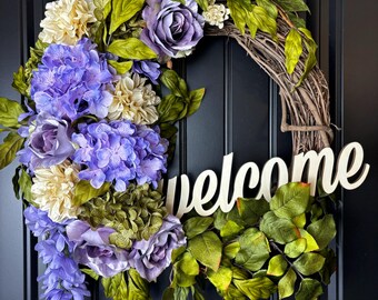 Purple Floral Welcome Wreath, Spring Farmhouse Door Decor, Grapevine Hanger