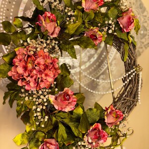 Mauve Roses Hydrangeas Wreath, Victorian Romantic Door Decor, Pearl Accents, 22" Grapevine Base image 2