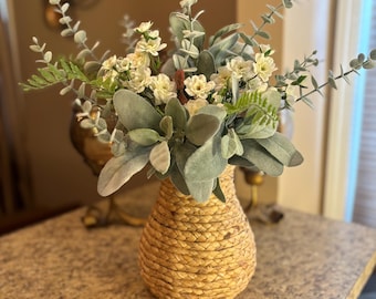 Farmhouse Lambs Ear Floral Arrangement, Rustic Wicker Vase Centerpiece